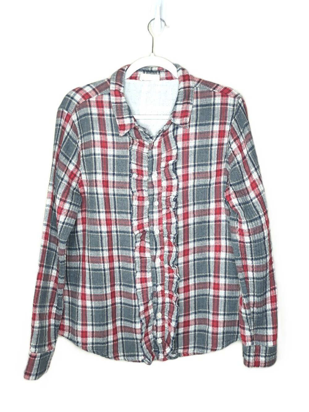 CP Shades Cotton Gauze Plaid Ruffle Button-Up Top Lightweight Soft Preppy